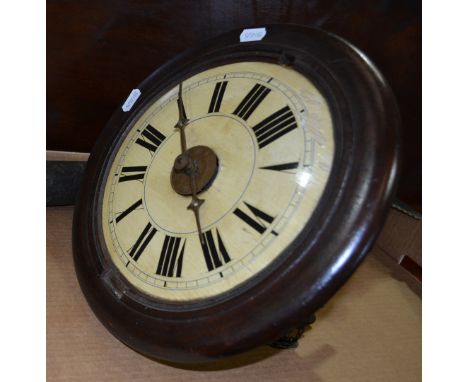 Stained mahogany postmans type alarm clock, white painted dial, weight driven movement diameter 30cm.