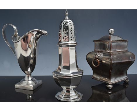 Pair of electroplated boat shape coasters, 18cm, two plated toast racks, plated caddy box and other plated wares.