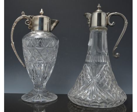 Lead crystal claret jug, plated mounts, 29cm, another claret jug with plated mounts, cut glass jug with a plated collar and a