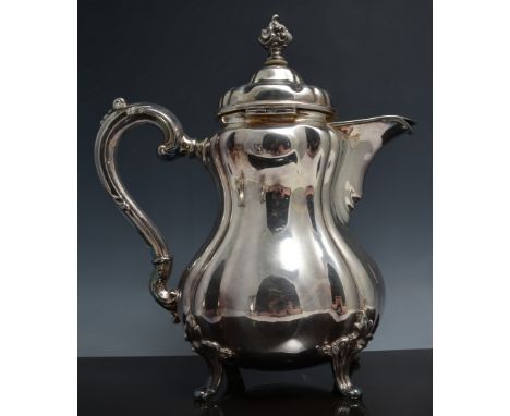 German silver ogee shape coffee pot, 835 standard, lightly fluted, domed lid with a cast finial, scroll handle, raised on fou