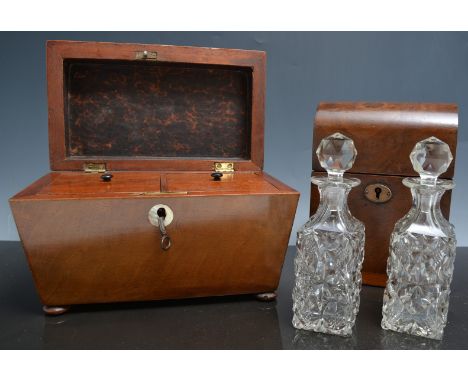 Victorian mahogany sarcophagus shape tea caddy, two section interior, width 23cm and a walnut scent bottle casket with two cu