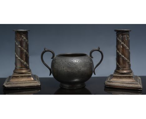 Pair of Victorian silver candlesticks, Sheffield 1882, of squat column form, engraved Florida, weighted, 13cm, a plated three