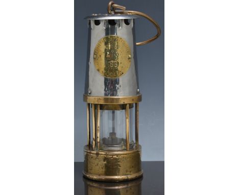 Brass and steel miner's safety lamp, labelled Protector Lamp & Lighting Co. Limited, 25cm.