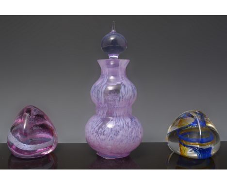 Caithness blue glass paperweight table clock, 8cm, another Caithness Debutant paperweight, Caithness Pebble type paperweights