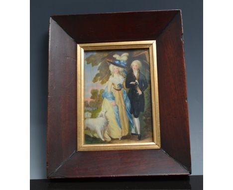 Portrait miniature after Gainsborough, Mr & Mrs William Hallett, indistinctly signed, 20th Century, in a Victorian mahogany f