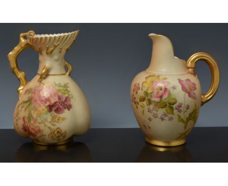 Royal Worcester jug, circa 1910, floral decoration on a blush ground, No. 1507, 14cm and another Royal Worcester jug, circa 1