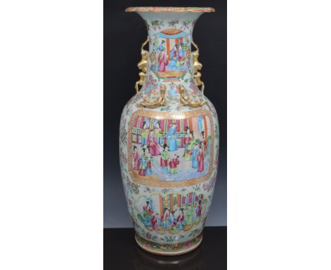 Pair of Cantonese porcelain vases, serving as lamp bases, moulded with lizards and temple lions, panel decoration with Mandar