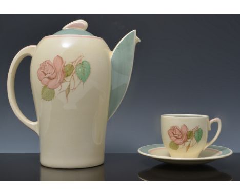 Susie Cooper coffee set, decorated with roses including a coffee pot 20cm, milk jug, sugar bowl and six cups and saucers (15)