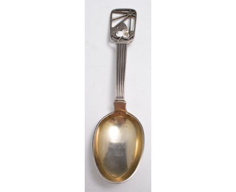 Danish Art Deco style silver spoon, by JS, enamel decoration to the handle, 15cm.