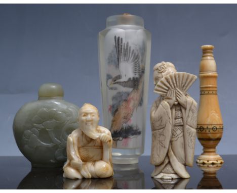 Chinese interior painted snuff bottle, polygonal form, 10cm, a jadeite snuff bottle, an old ivory scent bottle, carved ivory 
