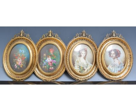 Pair of miniature pictures, painted with floral still lifes, indistinctly signed, gilt metal frames, 16cm and a pair of portr