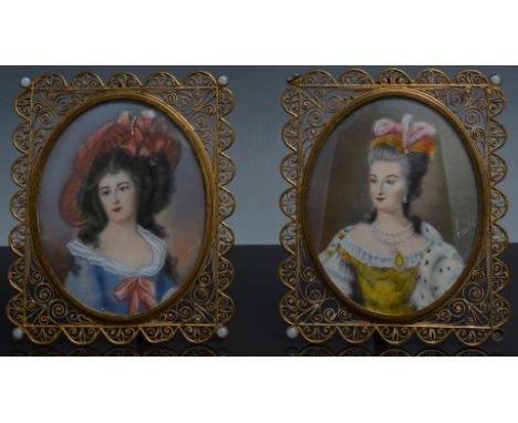 Oval portrait miniature, The Duchess of Argyle, 20th Century, in a gilt metal filigree frame, 11cm and another portrait minia