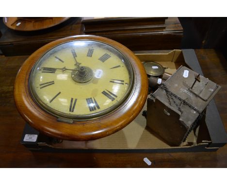 Light oak cased postman type alarm clock, white enamel dial, weight driven movement, diameter 34cm and an another clock movem