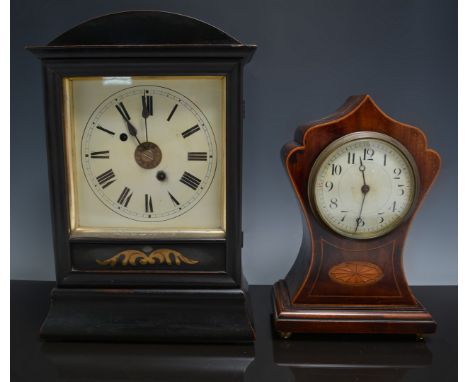 Edwardian inlaid mahogany mantle clock, white enamel dial, French cylinder movement, 23cm and an American stained wood mantle