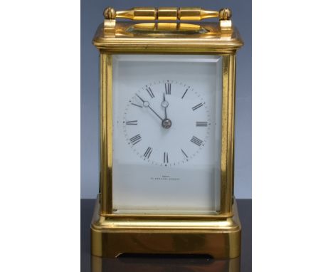 French brass cased carriage clock, white enamel dial signed Dent, 61 Strand, London, platform escapement, movement striking o