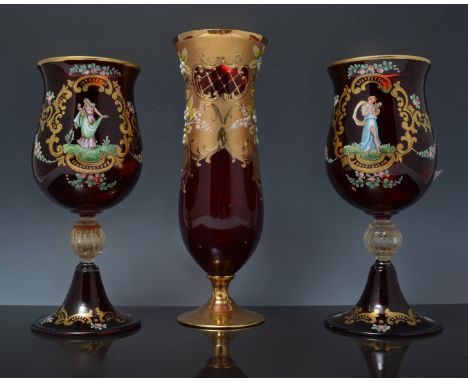 Pair of Venetian ruby glass goblets, painted with rose festoons and gilt scrolls, 21cm and another Venetian glass pedestal va