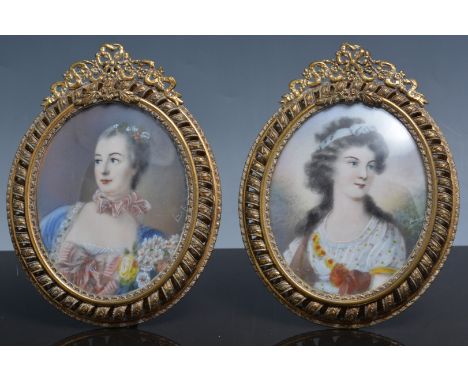 Oval portrait miniature, Marie Antoinette, 20th Century, gilt metal frame with a ribbon surmount, 13cm and another portrait m