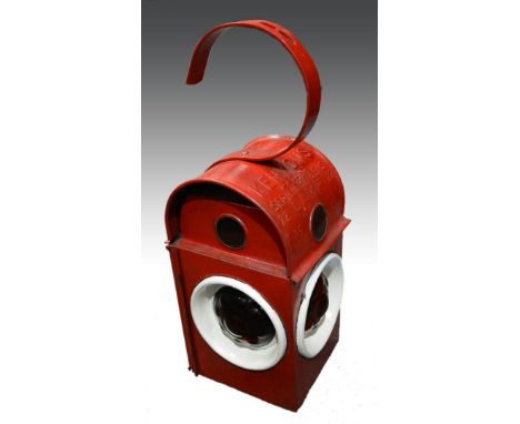 Red painted railway lamp, Kenyons patent, 1959, 45cm.