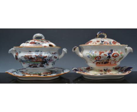 Masons Ironstone saucer terrine on stand, shaped rectangular form, with a lid, width 21cm and an Ashworth Brothers sauce terr