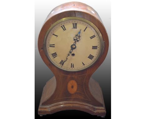 Edwardian mahogany lancet shape mantle clock, with stringing, white enamel dial, French movement, striking on a gong, 29cm an