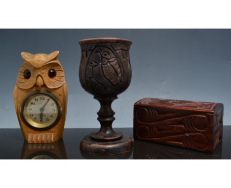 German oak case mantle clock, circa 1900, enamel dial with subsidiary second dial, width 23cm, a novelty stained beechwood ow