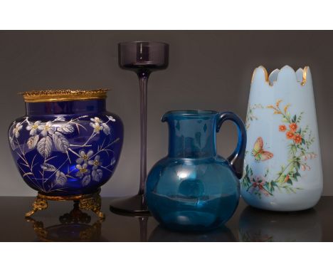 Victorian turquoise glass vase, adapted, enamel decoration with flowers and a butterfly, 18cm, a blue glass jug, a blue glass