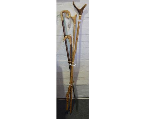 Glass ornamental walking stick, 120cm, other walking sticks and crooks (5).