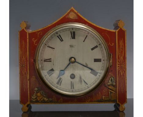 Red lacquered and chinoiserie decorated mantle clock, silver dial signed Harrods Limited, London, width 18cm.