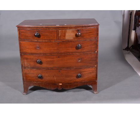 Georgian mahogany bow front chest of drawers, fitted with two short and three long drawers, splayed bracket feet, width 108cm