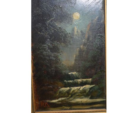 W*K*, "A Waterfall, A Nocturne", initialled, oil on canvas, 26cm x 16cm and a companion work (2).