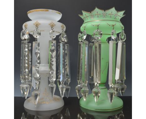 Victorian frosted glass lustre vase, with prismatic drops, 33cm, a green frosted glass lustre vase and an opaque glass oil la