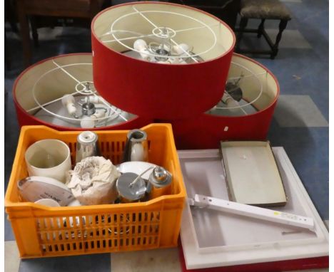 A Set of Three Retro 1970's Circular Three Branch Restaurant Ceiling Chandeliers, 61cm Diameter Together with a Box of Variou