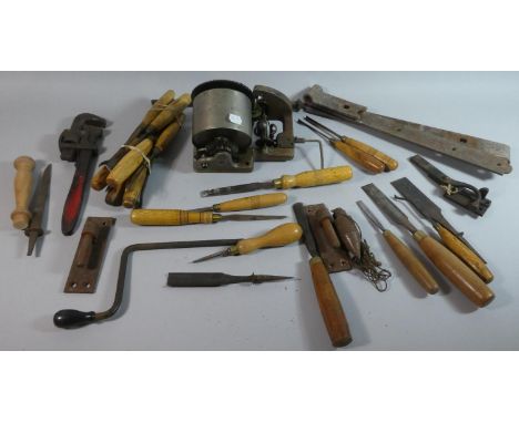 A Box Containing Various Wood Turning Chisels and Other Tools, Clockwork Gramophone Motor etc 