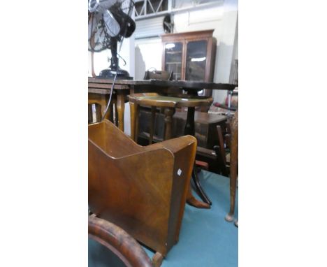 A Mahogany Oval Tripod Wine Table, Tooled Leather Top Tripod Table and a Magazine Rack 