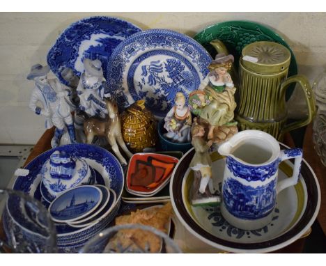 A Tray of Ceramics to Include Poole Delphis, Blue and White Willow Pattern, Continental Ornaments etc 