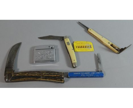 A Vintage Quill Cutting Pen Knife, Two Pen Knives, Parker Foundry Knife and a Lighter (Cannot Post Lighter)