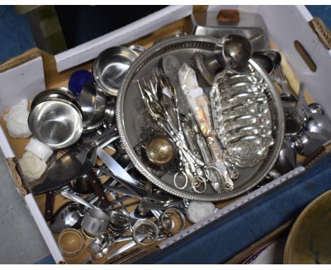 A Box Containing Silver Plated and Stainless Steel Cutlery, Toast Rack, Butter Dish etc 