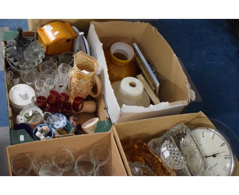 Two Boxes Containing Glassware, Enamelled Bowl, Mantle Clock, Indian Tree Jug (AF), Vintage Glass Light Shades etc 