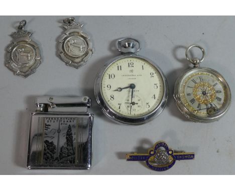 A Ladies Pocket Watch, Ingersoll Pocket Watch, 1953 Hinstock Snooker Medals for Winner and Runnerup, Cigarette Lighter and Br