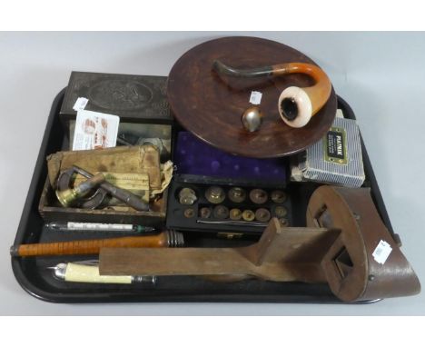 A Tray of Curios to Include Continental Scale Weights, Vintage Pipe, Playing Cards, Stereoscopic Viewer, Micrometer Screw, Vi