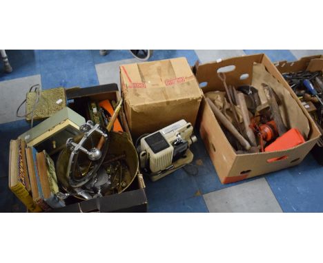 A Box Containing Brass Jam Kettle, Chrome Horseshoe Fire Tidy, Vintage Tins, Books, 8mm Cine Projector together with a Box of