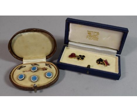 A Cased Set of Blue and White Enamelled Studs and Cravat Pin Together with Enamelled Cufflinks with Playing Card Motif 