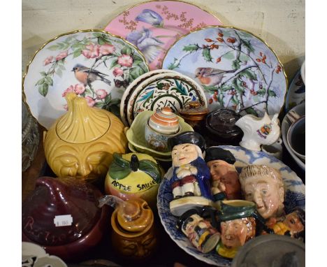 A Tray Containing Various Decorated Plates, Character Jugs, Beatroot, Apple and Onion Pots, Carltonware etc 