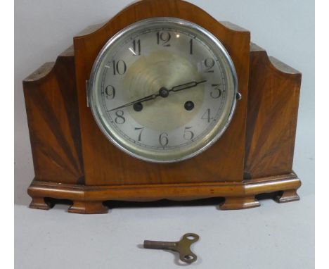 An Art Deco Inlaid Mantle Clock on Ogee Feet, 33cm Wide 