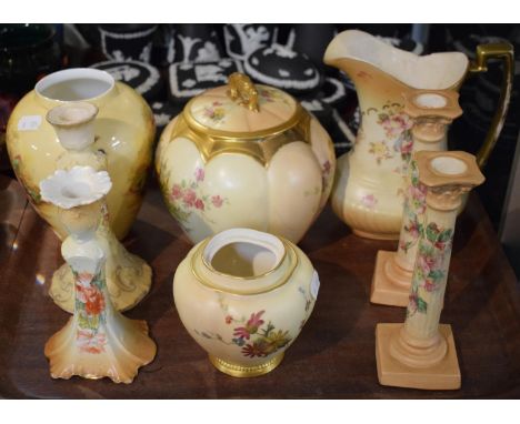 A Tray Containing Various Royal Worcester Blush Ivory, Aynsley Orchard Gold Vase, Candle Sticks etc 