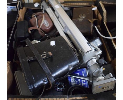 A Box Containing Various Photographic Equipment, Camera Cases, Vintage Cameras, Tripod 