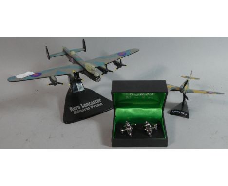 A Small Model of Lancaster Bomber, Spitfire and Pair of Spitfire Cufflinks 