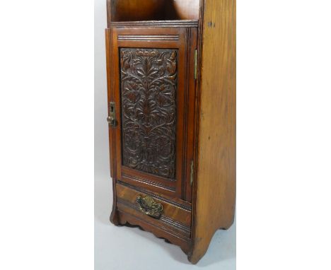 A Late Victorian/Edwardian Wall Hanging Oak Smokers Cabinet with Carved Panel Door to Fitted Interior Containing Six Vintage 