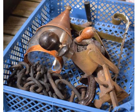 A Vintage Bean Slicer, Copper Wall Lamp, Brass Barrel Tap, Chain etc 