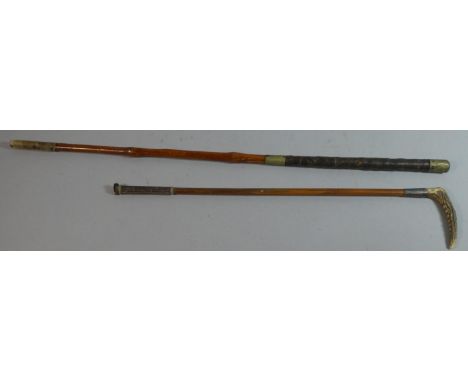 A Silver Mounted Bone Handled Ladies Riding Crop, Monogrammed "SMH, 1933" Together with a Leather Covered Thornwood Riding Wh